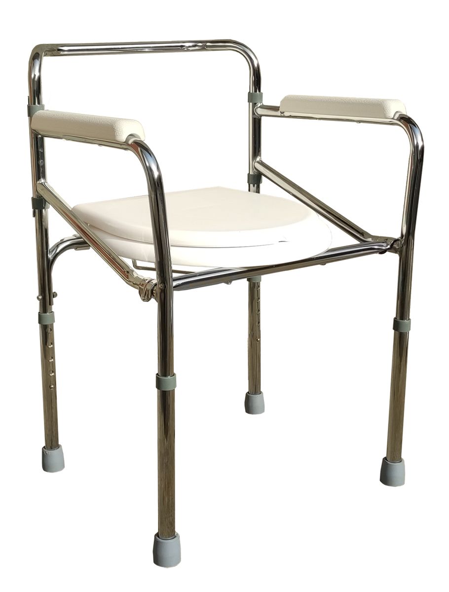 Toilettenstuhl mit weißem Sitz, Armlehnen und höhenverstellbaren Beinen. Metallrahmen.