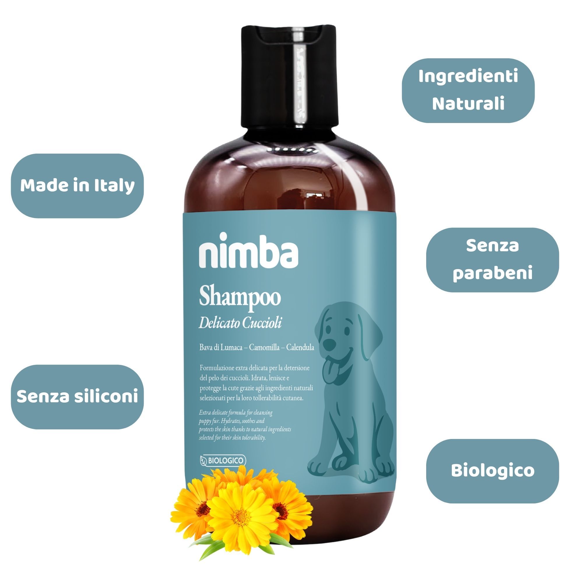 Braune Shampoo-Flasche mit blauem Etikett. Aufschrift: Nimba Shampoo, Delicato Cuccioli. Zusätzliche Labels: Ohne Silikone, Ohne Parabene, Biologisch.