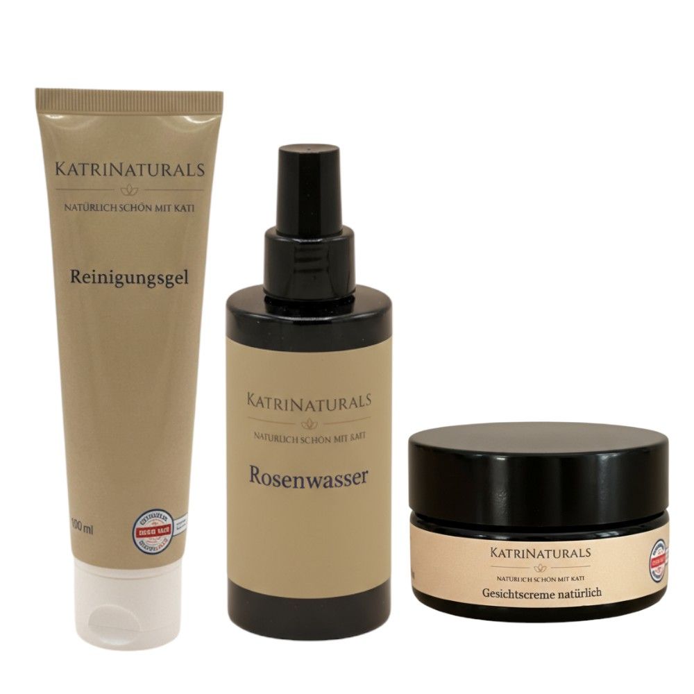 KatriNaturals Gesichts-Set Balance & Glow – Reinigung, Rosenwasser, Creme | unreine trockene Haut 3 St