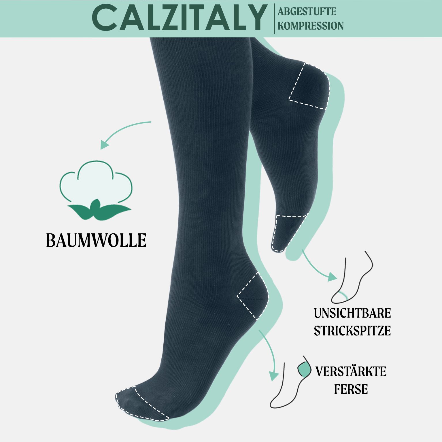 CALZITALY Unisex Kniestrümpfe aus Baumwolle Abgestufter Kompression 14-16 mm/Hg Made in Italy