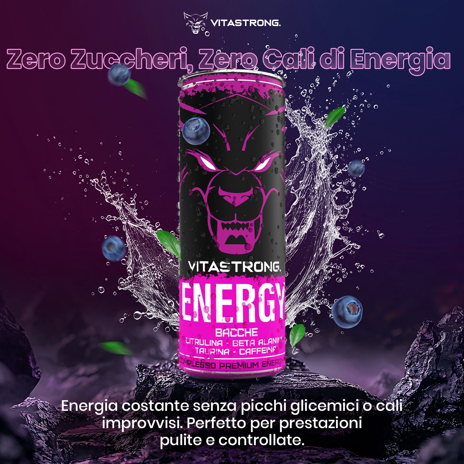 Vitastrong Energy Berries Dose. Lila Hintergrund mit Blaubeeren. Text: Zero Zucker, Zero Kalorien.