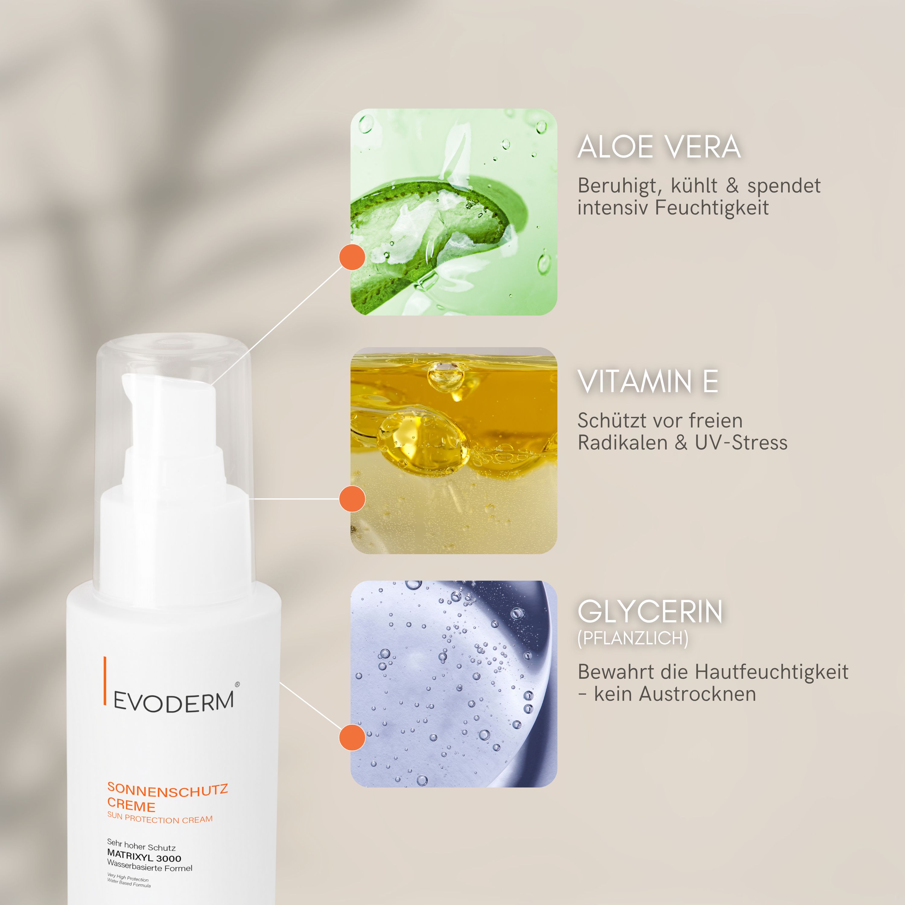 Sonnencreme-Flasche mit Inhaltsstoff-Illustrationen: Aloe Vera, Vitamin E, Glycerin.