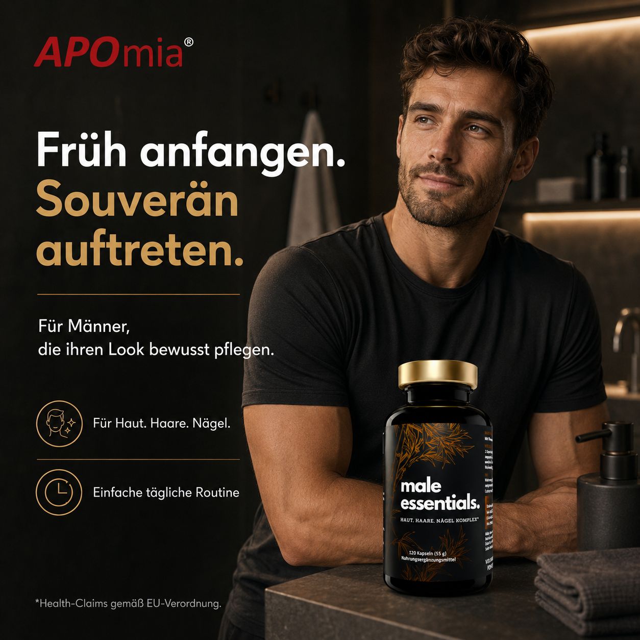 Mann im Bad, daneben Flasche Male Essentials und Text über tägliche Routine.