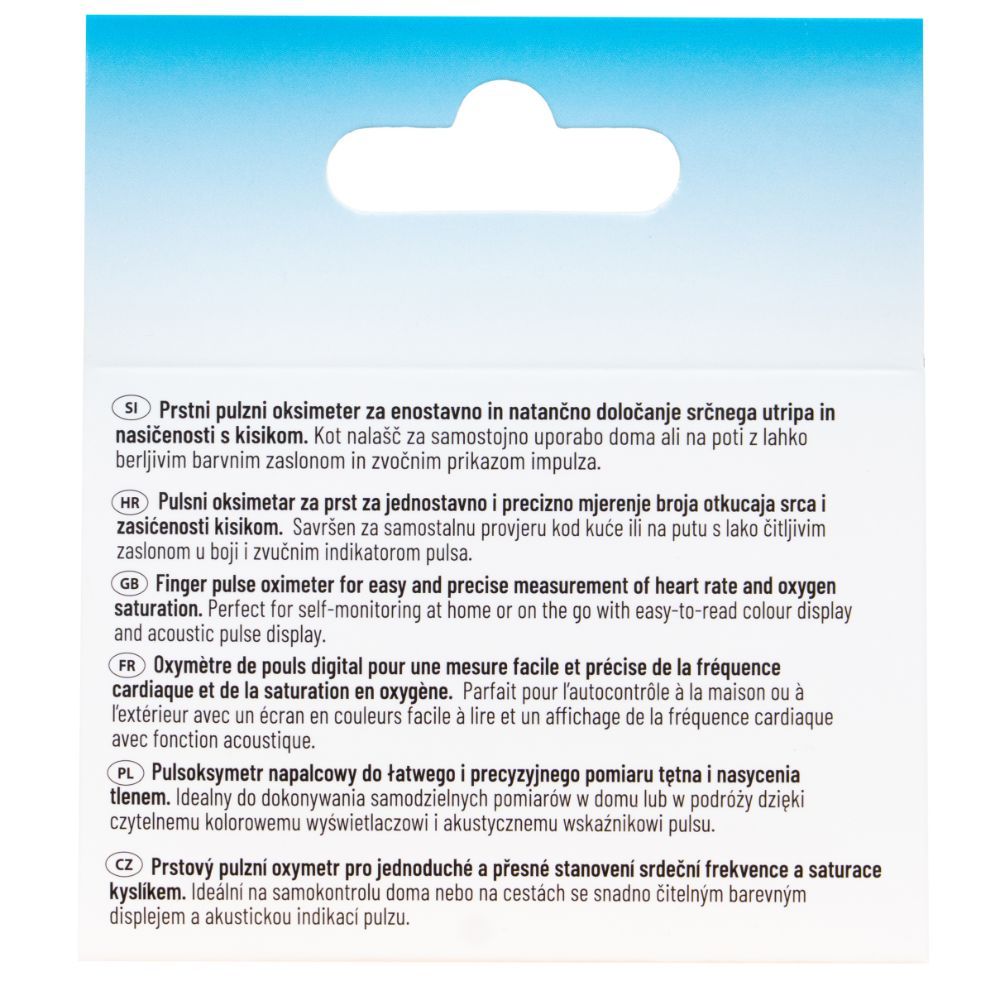 Rückseite der Verpackung. Text in mehreren Sprachen: Finger-Pulsoximeter, Beschreibung, Marke HARO.