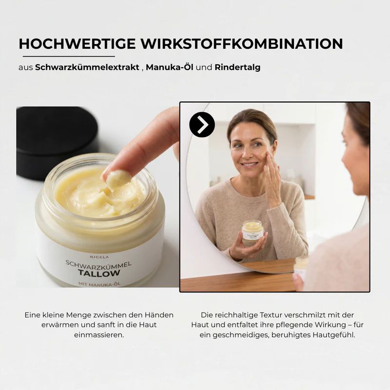 Eine Frau trägt eine Creme auf ihr Gesicht auf, daneben ein Glas mit der Creme.