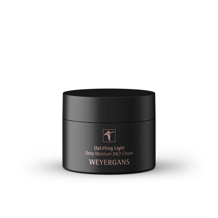 Schwarzer Tiegel mit Deckel. Aufschrift: Uplifting Light Deep Moisture 24/7 Cream, Weyergans. Logo mit Vogel.