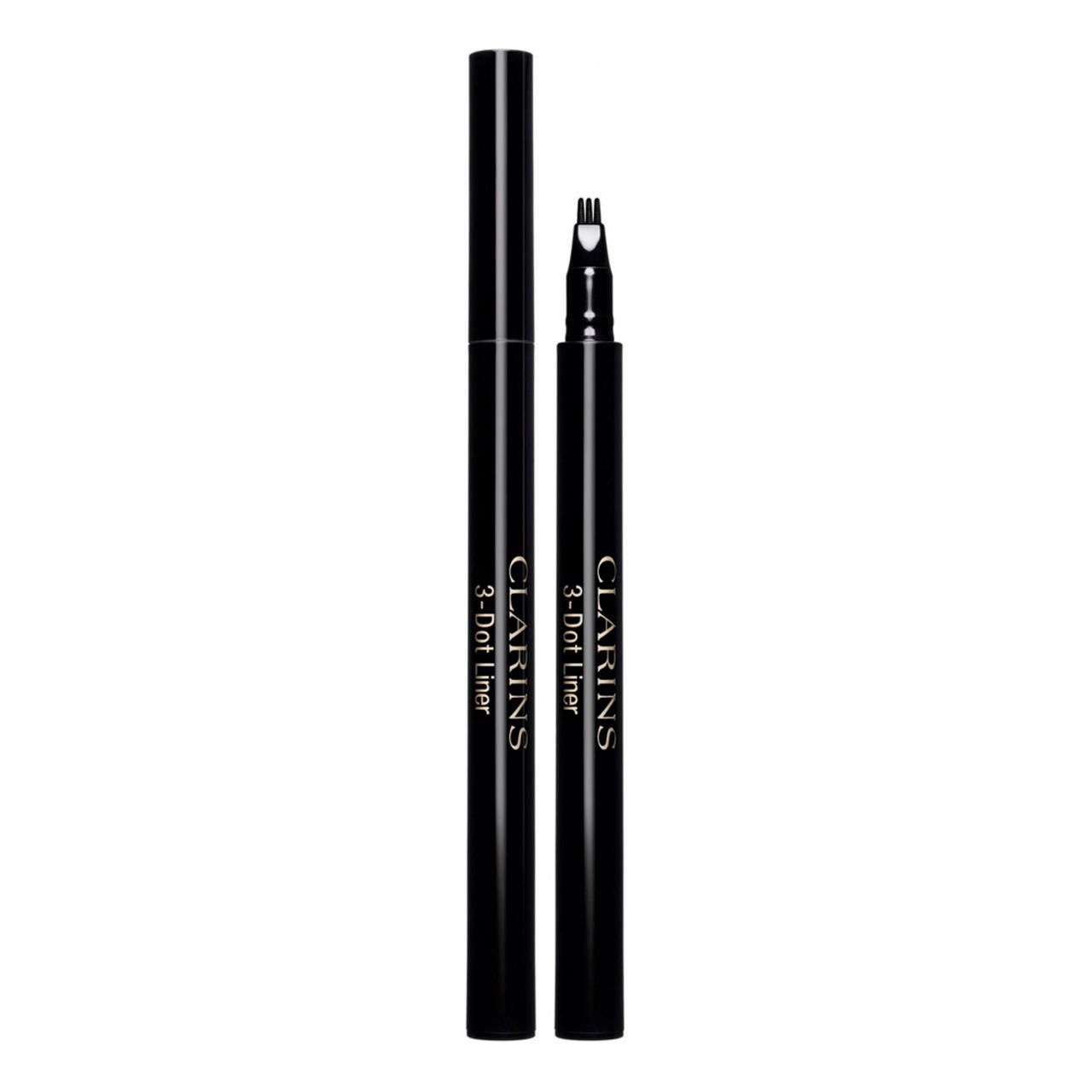 Clarins 3-Dot Liner, schwarz. Der Applikator hat drei Spitzen. Der Stift ist geöffnet.