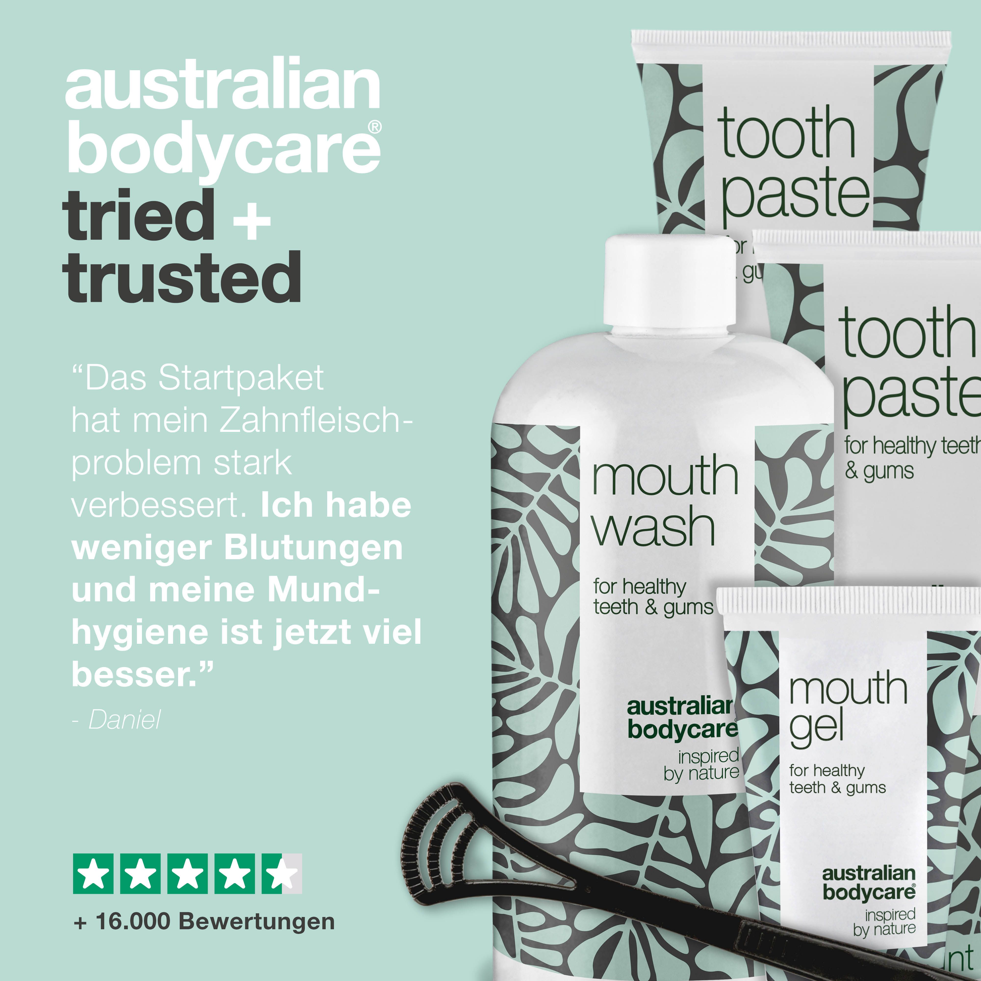 Mundpflege-Set mit Mundwasser, Zahnpasta, Mundgel und Zungenreiniger. Produkte von Australian Bodycare.
