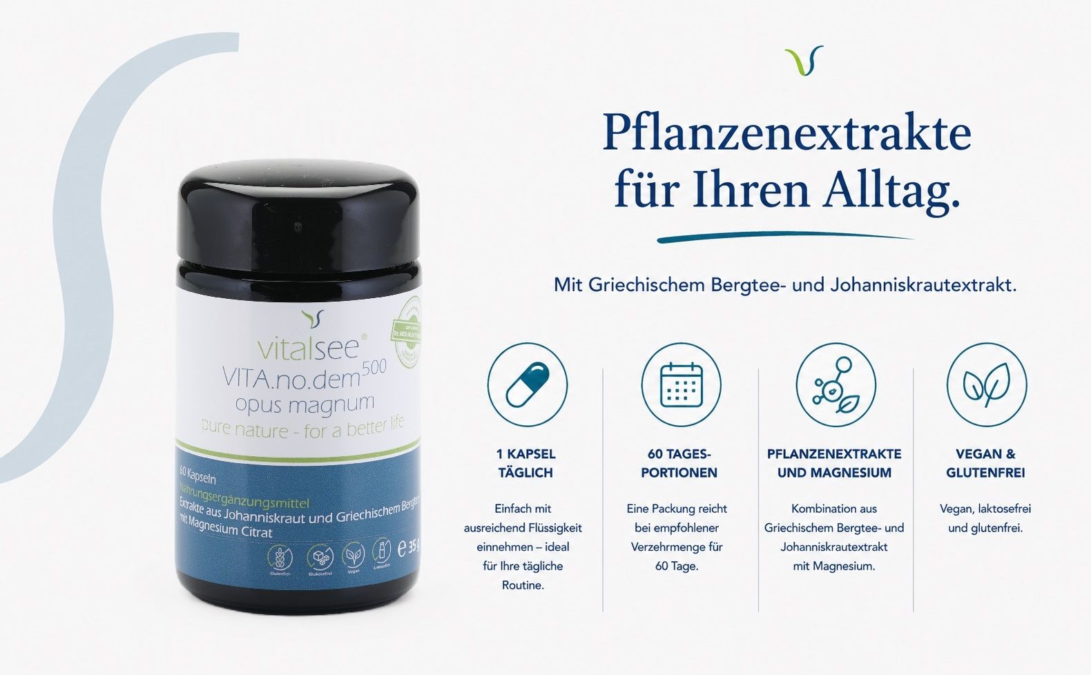 Dunkle Kapsel mit weißem und blauem Etikett, das 'VITA no.dem opus magnum' zeigt. Daneben Icons für tägliche Einnahme, 60 Portionen, Pflanzenextrakte und Magnesium, vegan & glutenfrei.