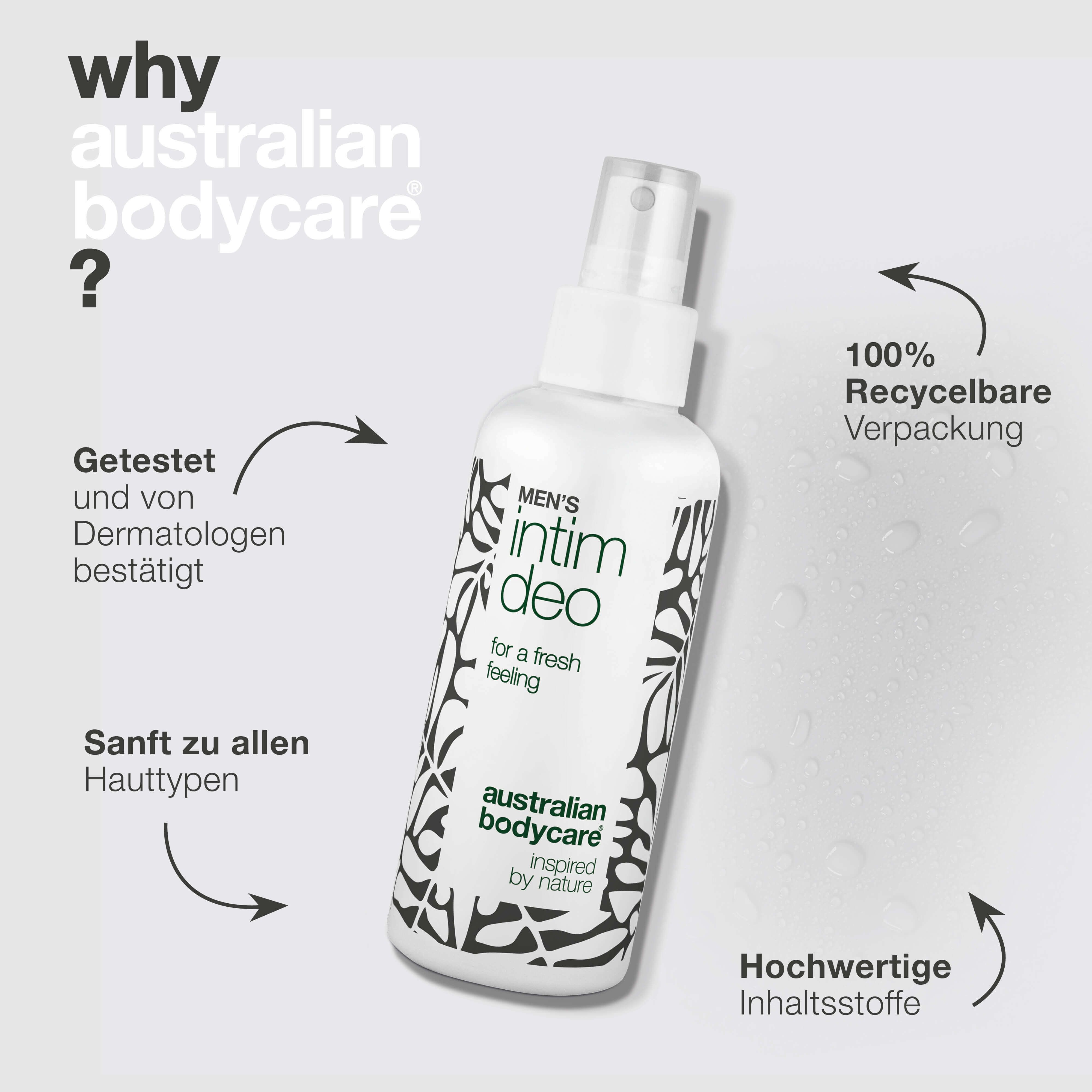 Deodorant-Spray mit Text: Getestet, sanft, hochwertige Inhaltsstoffe, recycelbar. Marke: Australian Bodycare.