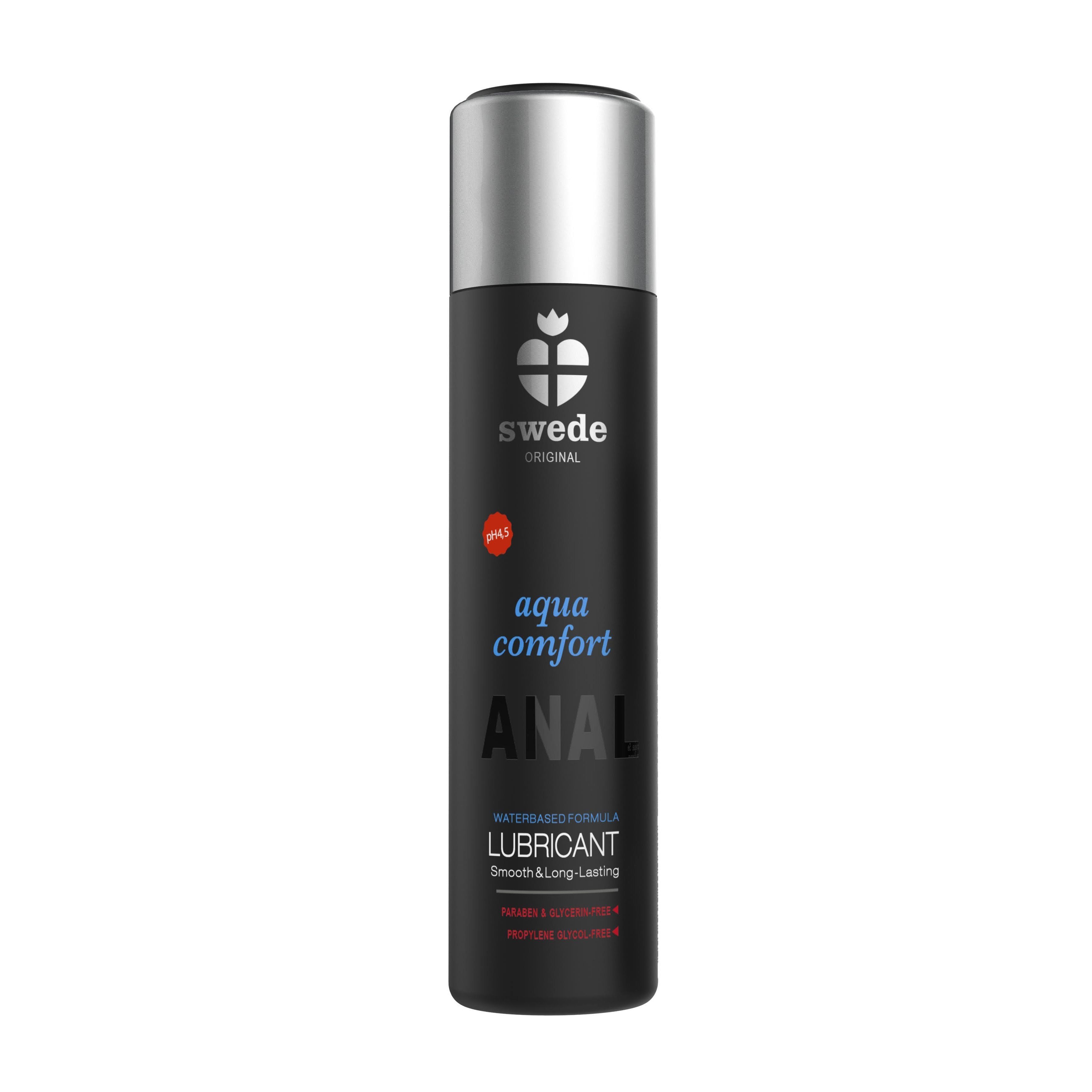 Schwarze Flasche mit silbernem Deckel. Aufschrift: Swede Original, Aqua Comfort Anal, Lubricant. pH-Wert-Symbol.