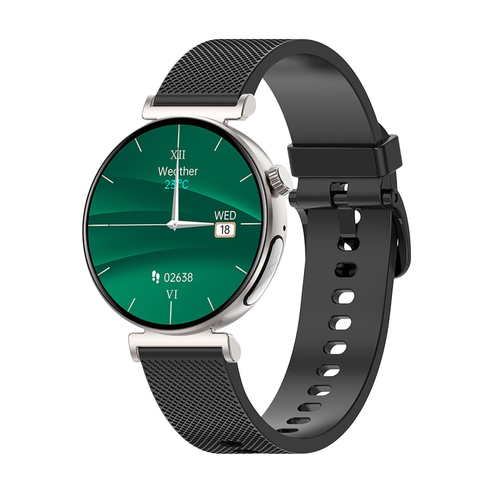 Smartwatch mit rundem Zifferblatt. Edelstahlgehäuse, schwarzes Armband. Grün-schwarzes Display mit Uhrzeit, Datum und Wetter.