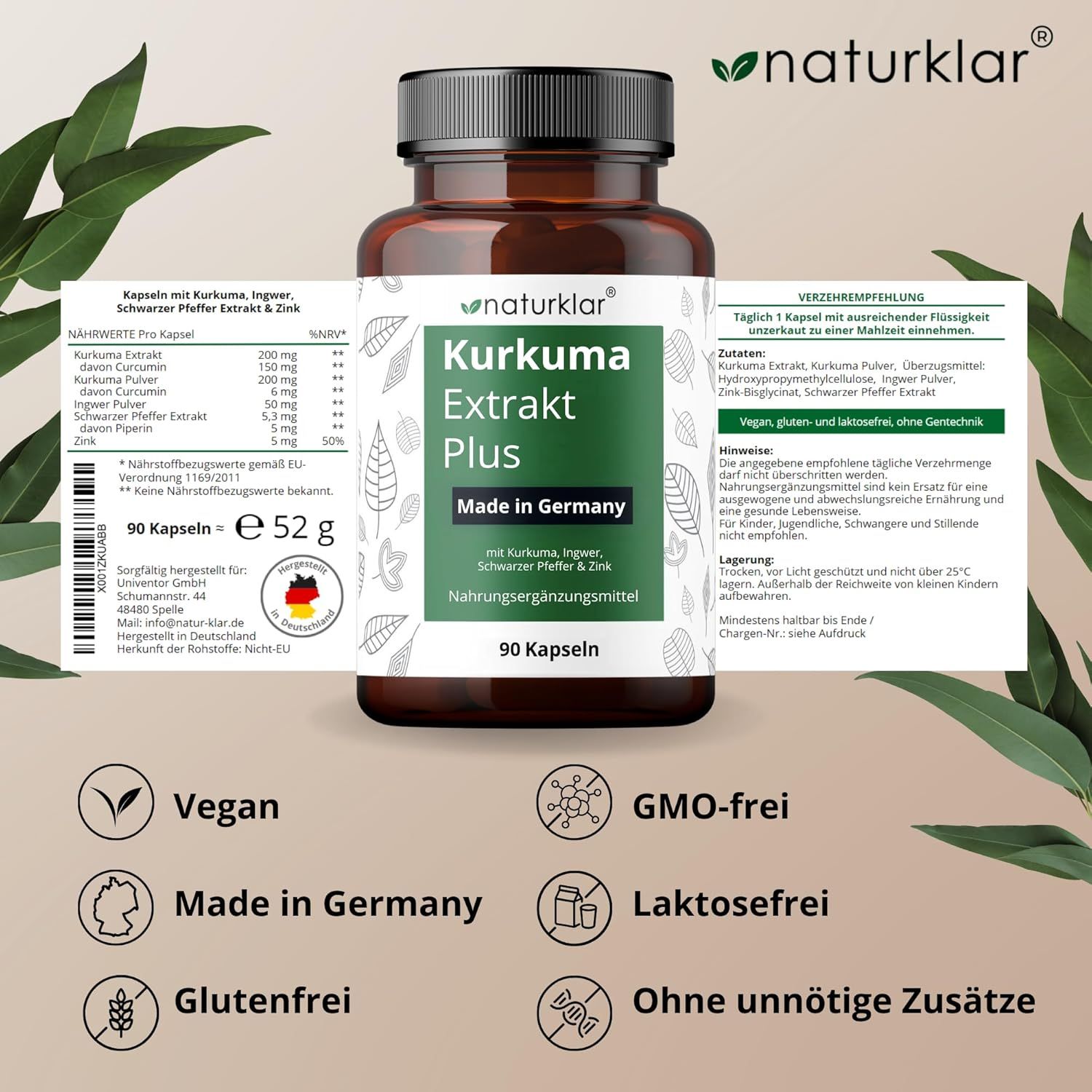 Braune Glasflasche mit Etikett. Aufschrift: Naturklar Kurkuma Extrakt Plus. 90 Kapseln. Vegan, GMO-frei, Made in Germany, Laktosefrei, Glutenfrei.