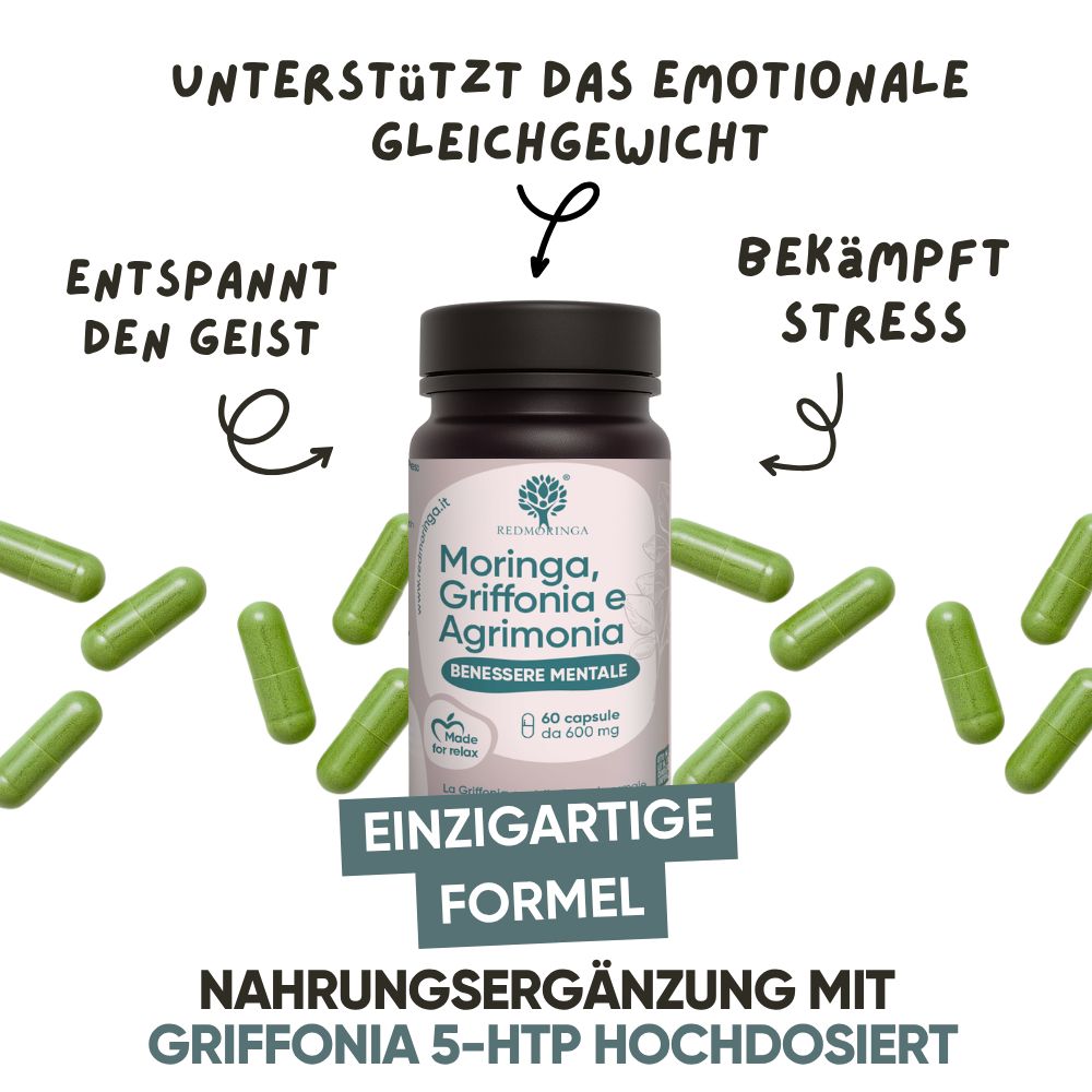 Flasche mit Kapseln. Moringa, Griffonia und Agrimonia für mentale Ausgeglichenheit.