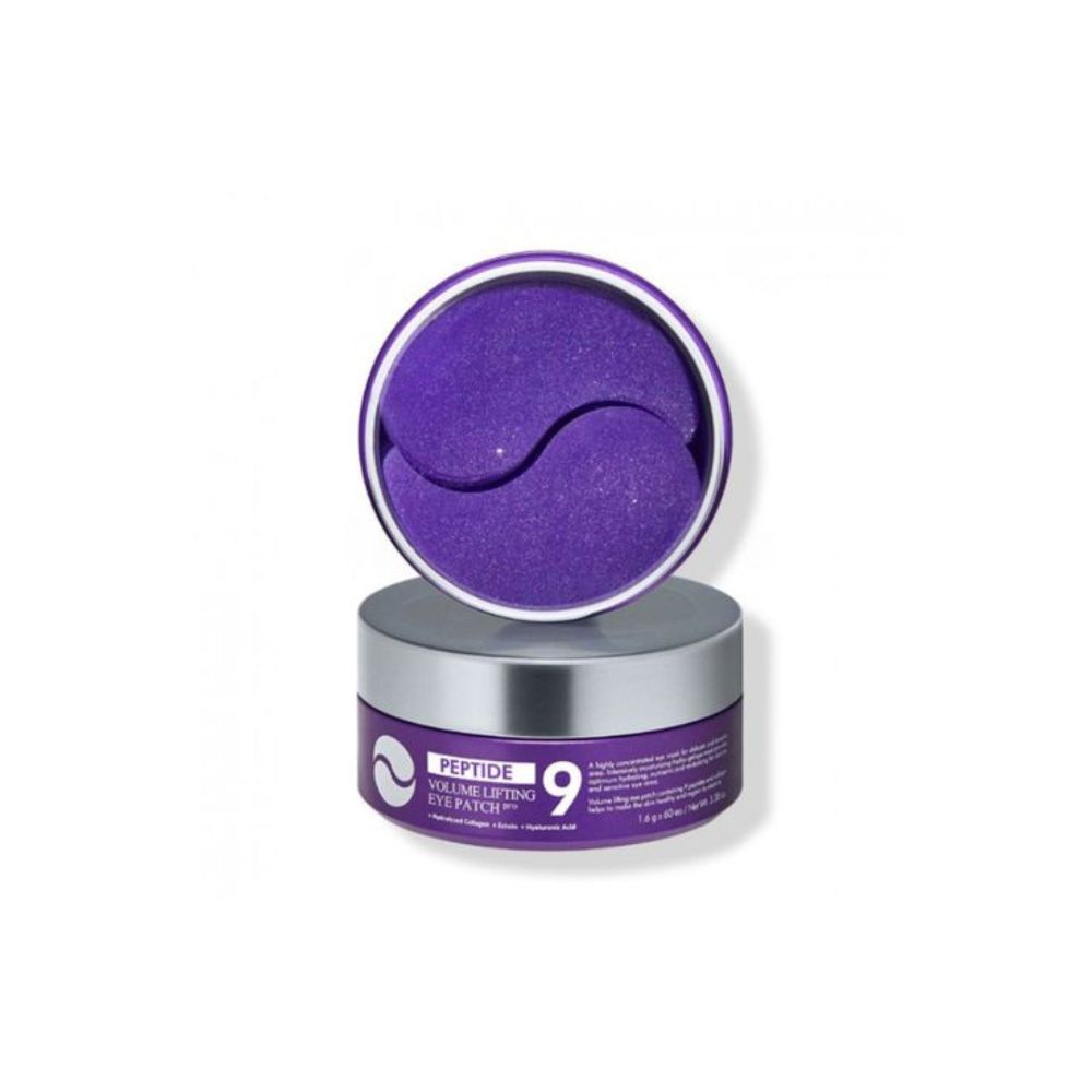 Runde Dose mit violetten Augen-Pads. Deckel geöffnet, Pads sichtbar. Text: Peptide 9 Volume Lifting Eye Patch.