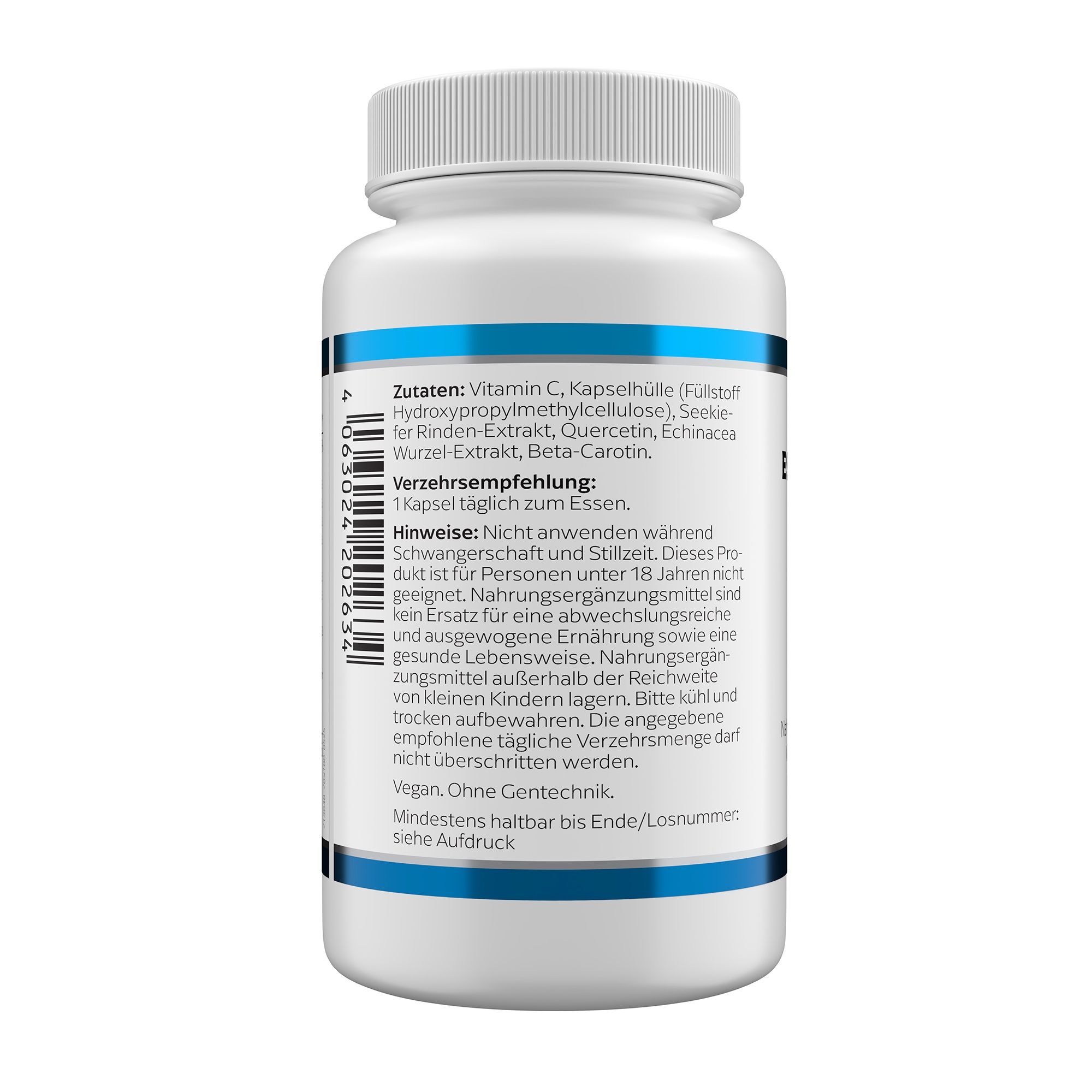 Rückseite einer weißen Flasche. Text: Zutaten, Verzehrempfehlung, Hinweise. Vegan. Mindesthaltbarkeit.