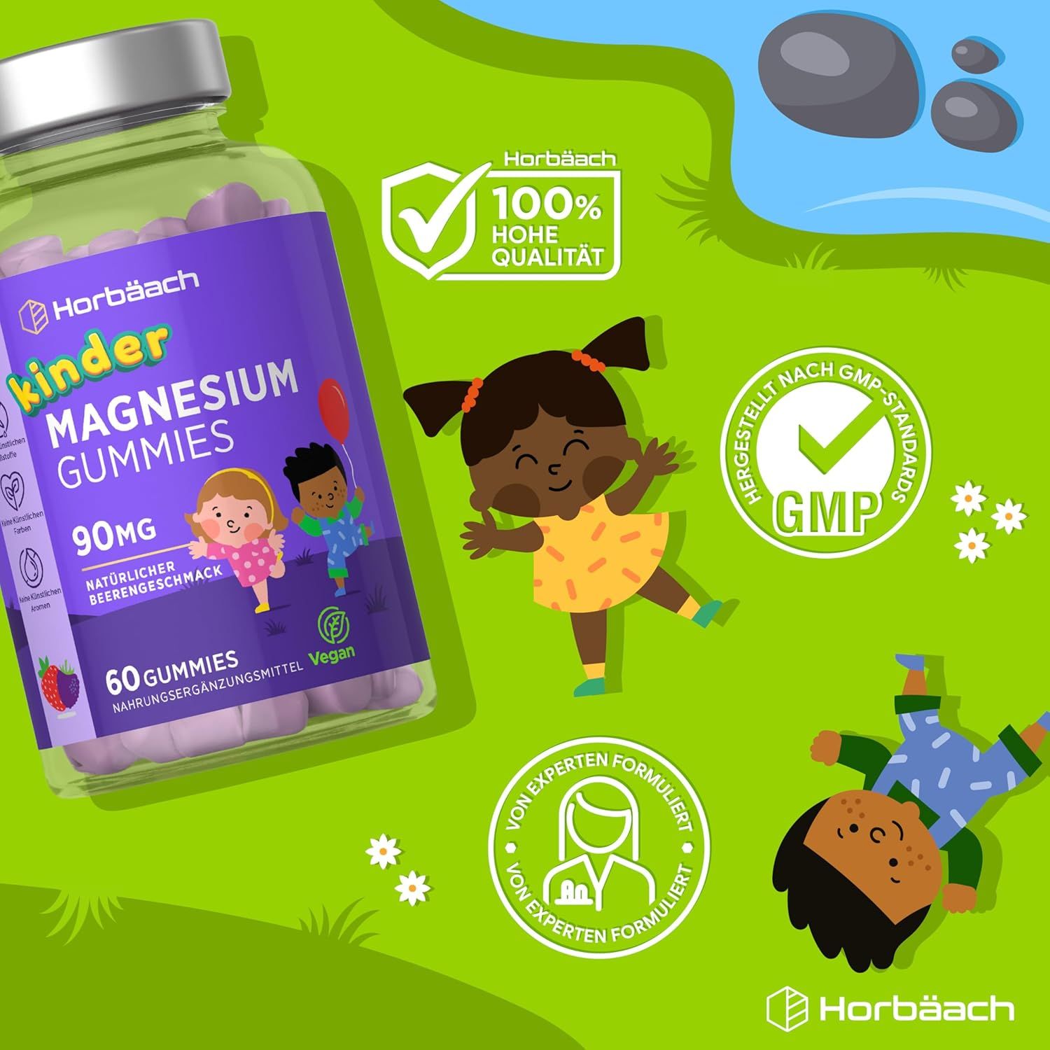 Horbaach Kinder Magnesium Gummies Flasche. Text: 100% hohe Qualität, GMP-zertifiziert, von Experten formuliert. Mit Illustrationen.