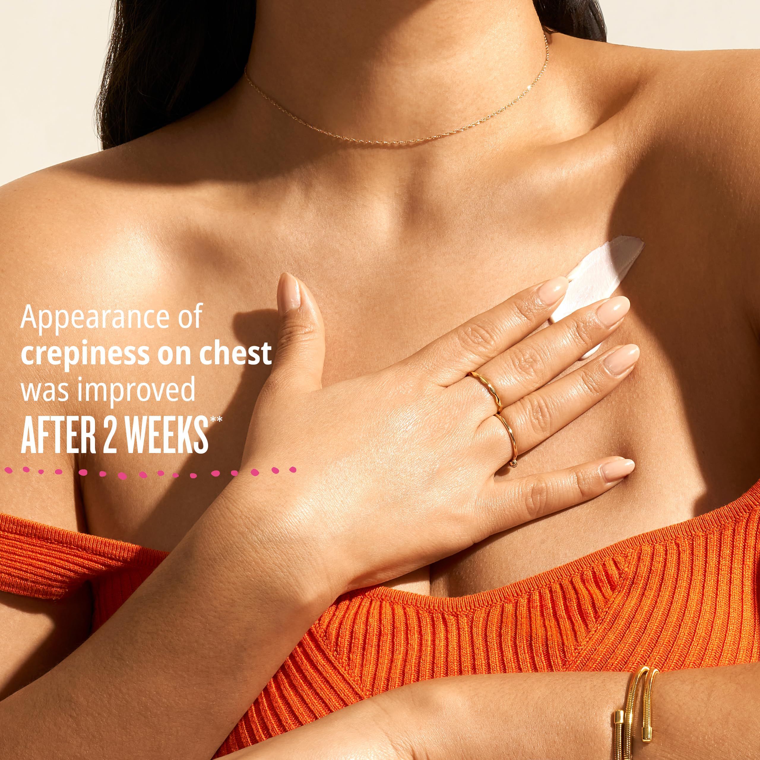 Person mit Hand auf Brust. Text: Verbesserung des Erscheinungsbildes von Fältchen nach 2 Wochen.