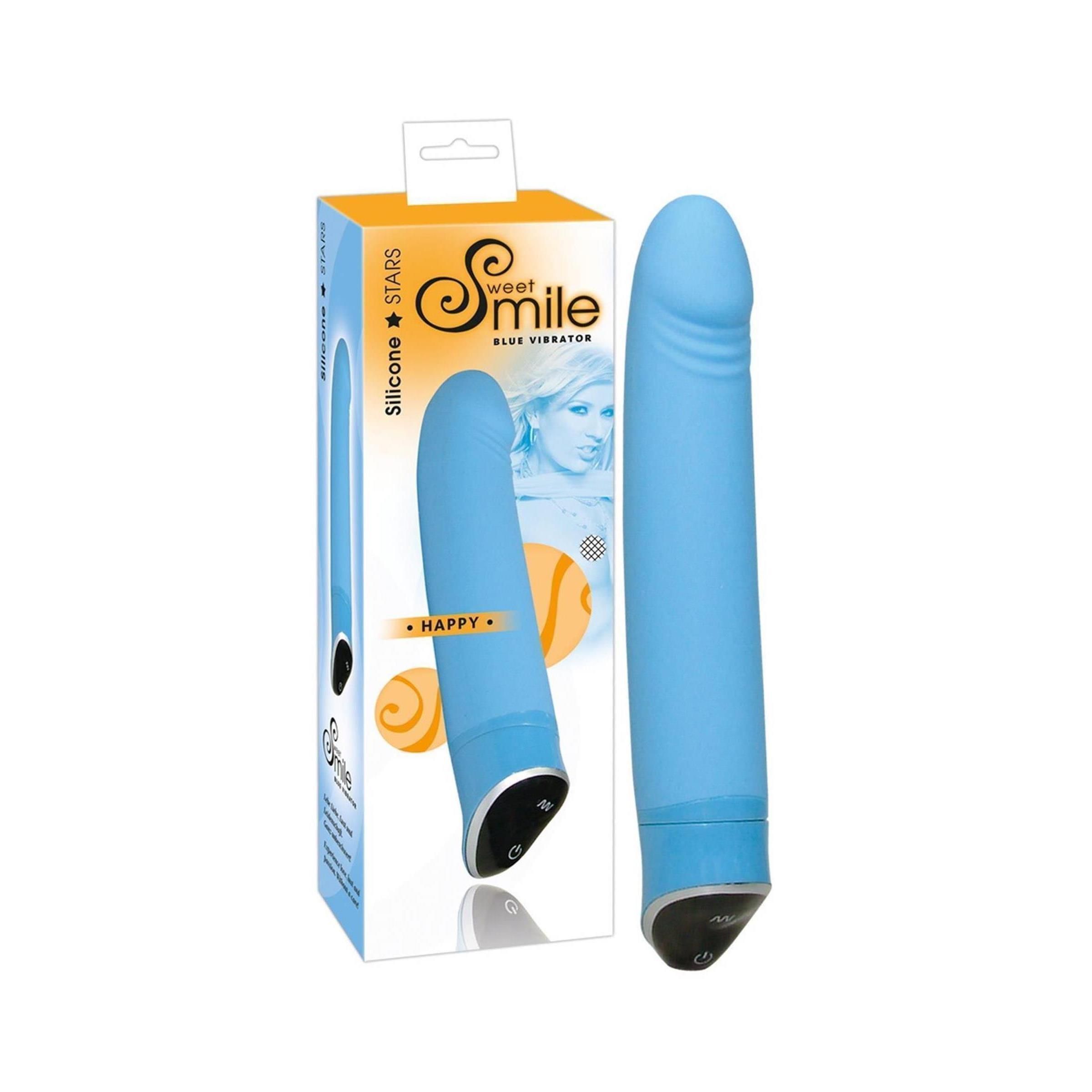 Blauer Vibrator in Verpackung. Aufschrift: Sweet Smile, Happy. Verpackung mit Aufhänger. Produktname und Logo sichtbar.