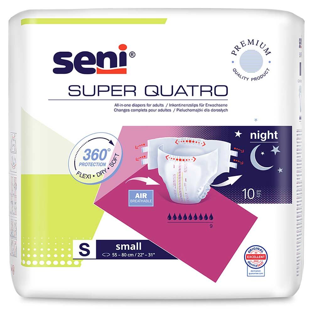 Verpackung mit Seni Super Quatro Windeln. Größe Small. Mit Produktabbildung und Informationen. Premium Qualität.