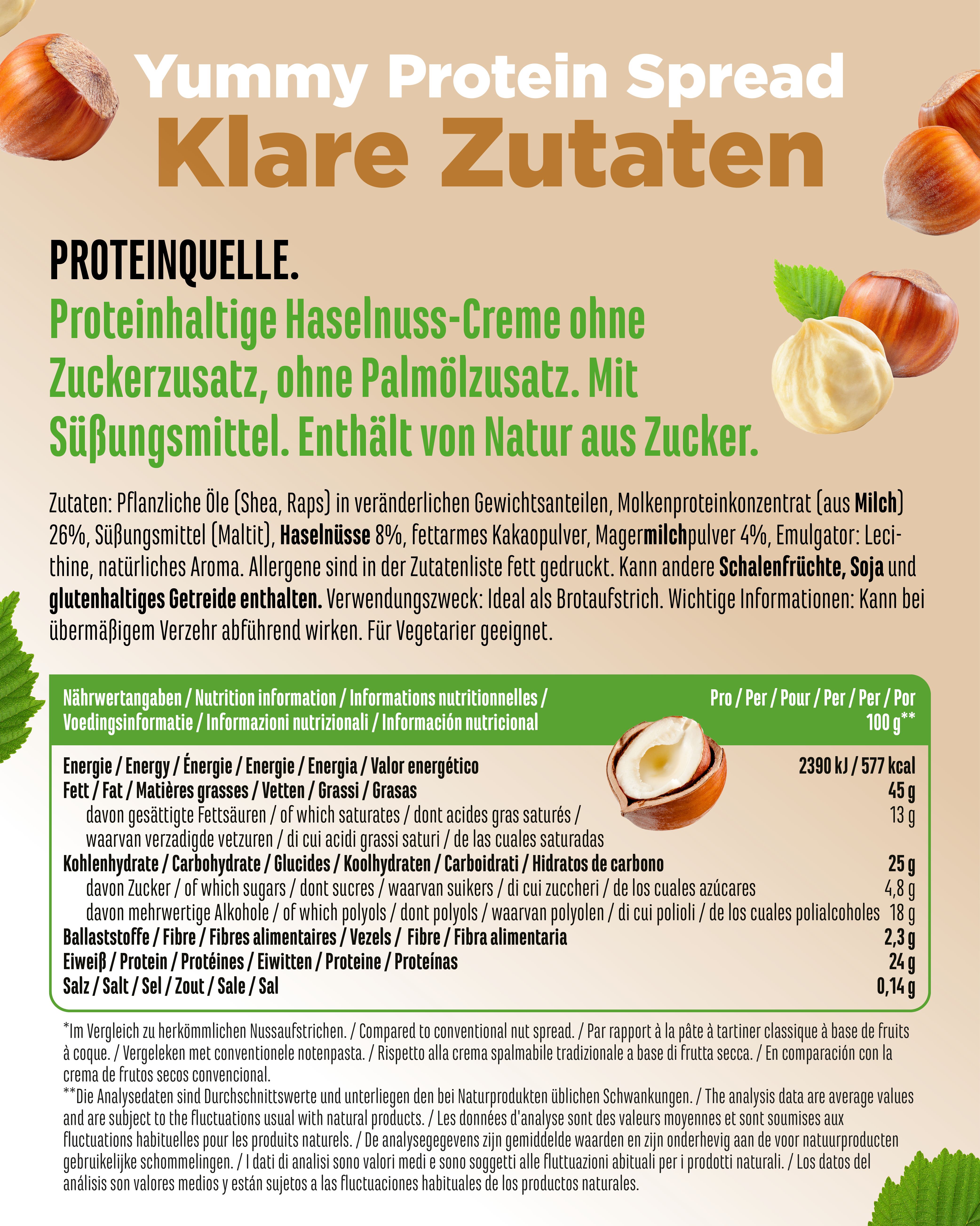 Vit4ever Yummy Protein Spread Haselnuss: Zutatenliste mit Nährwertangaben. Pflanzliche Öle, Molkenprotein, Haselnüsse, Süßungsmittel.