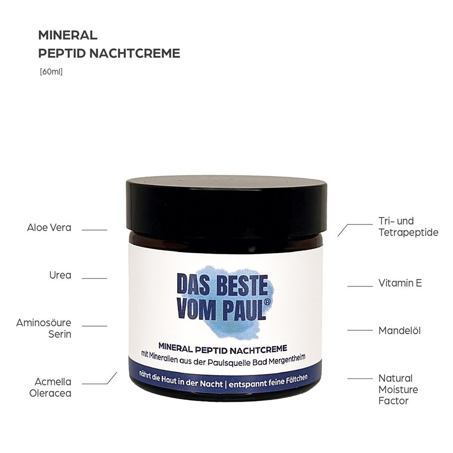 Tiegel mit Nachtcreme. Text: DAS BESTE VOM PAUL. Inhaltsstoffe: Aloe Vera, Urea, Aminosäure Serin, Acmella Oleracea.
