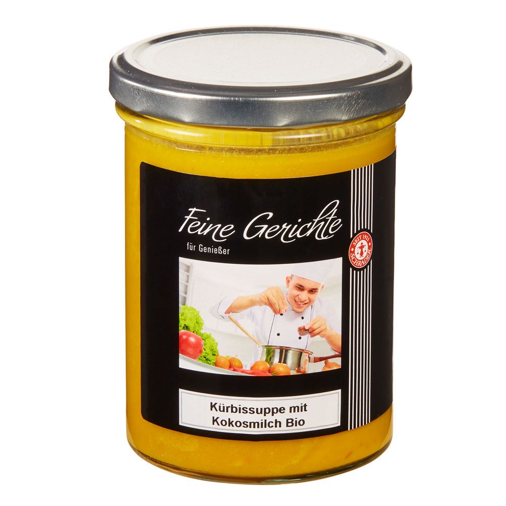 Glas Kürbissuppe mit Kokosmilch Bio. Schwarzes Etikett mit Koch und Logo.