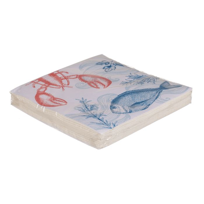 Stapel gefalteter Papierservietten mit Hummer, Fisch und Meeresmotiven. In Folie verpackt.