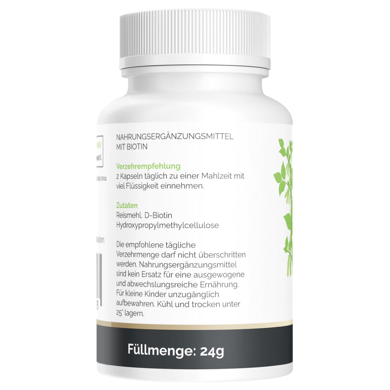 Rückseite der weißen Flasche. Aufschrift: Nahrungsergänzungsmittel mit Biotin. Zutaten, Verzehrempfehlung. Füllmenge: 24g.