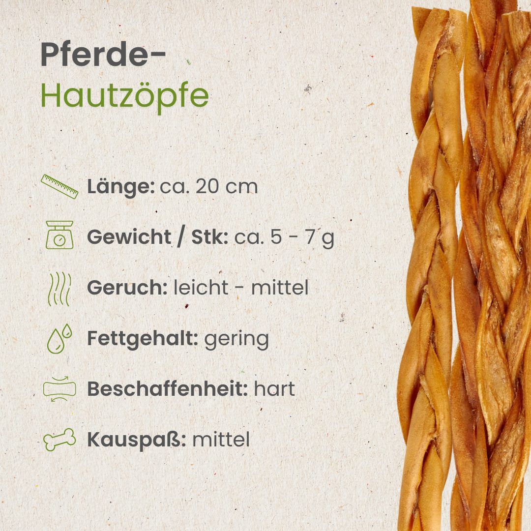 Geflochtene Hundekauartikel aus Pferdehaut, ca. 20 cm lang, geringer Fettgehalt, hart.