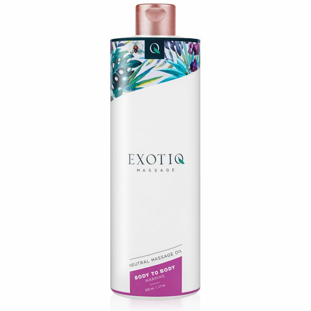Weiße Flasche mit floralem Muster und rosafarbenem Deckel. Text: EXOTIQ, Neutral Massage Oil, Body to Body Warming.