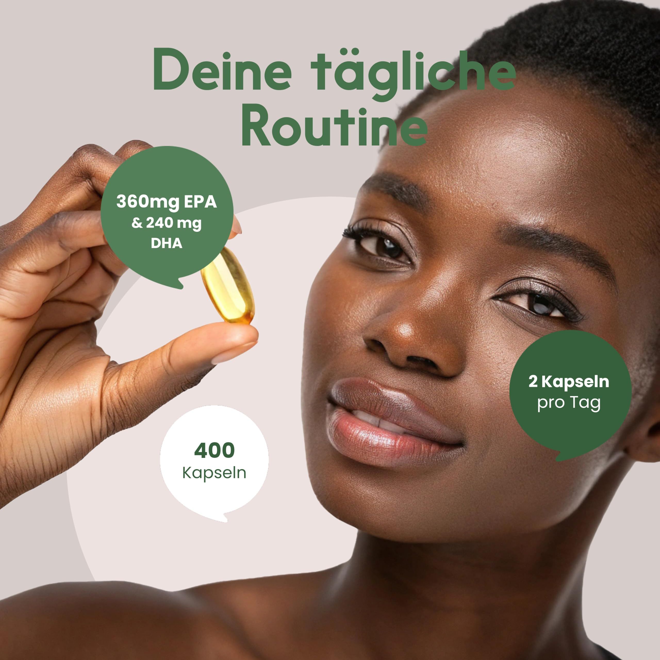 Frau hält eine Omega 3 Kapsel. Text zeigt 360mg EPA, 240mg DHA, 400 Kapseln, 2 Kapseln pro Tag.