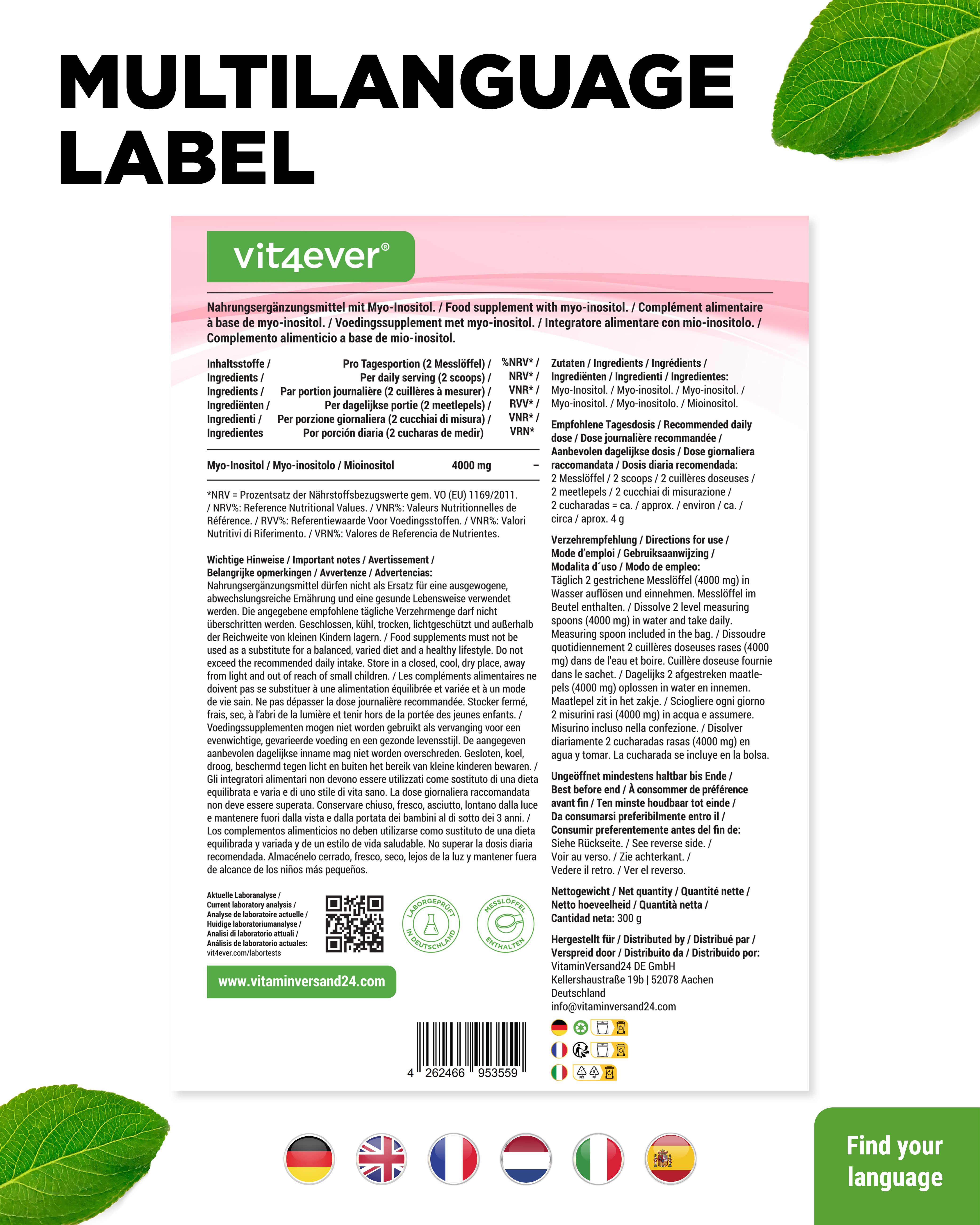 Mehrsprachiges Etikett. Text: Nahrungsergänzungsmittel mit Myo-Inositol. Inhaltsstoffe, Dosierung, Warnhinweise. Logos: Deutschland, Frankreich, Italien, Niederlande.