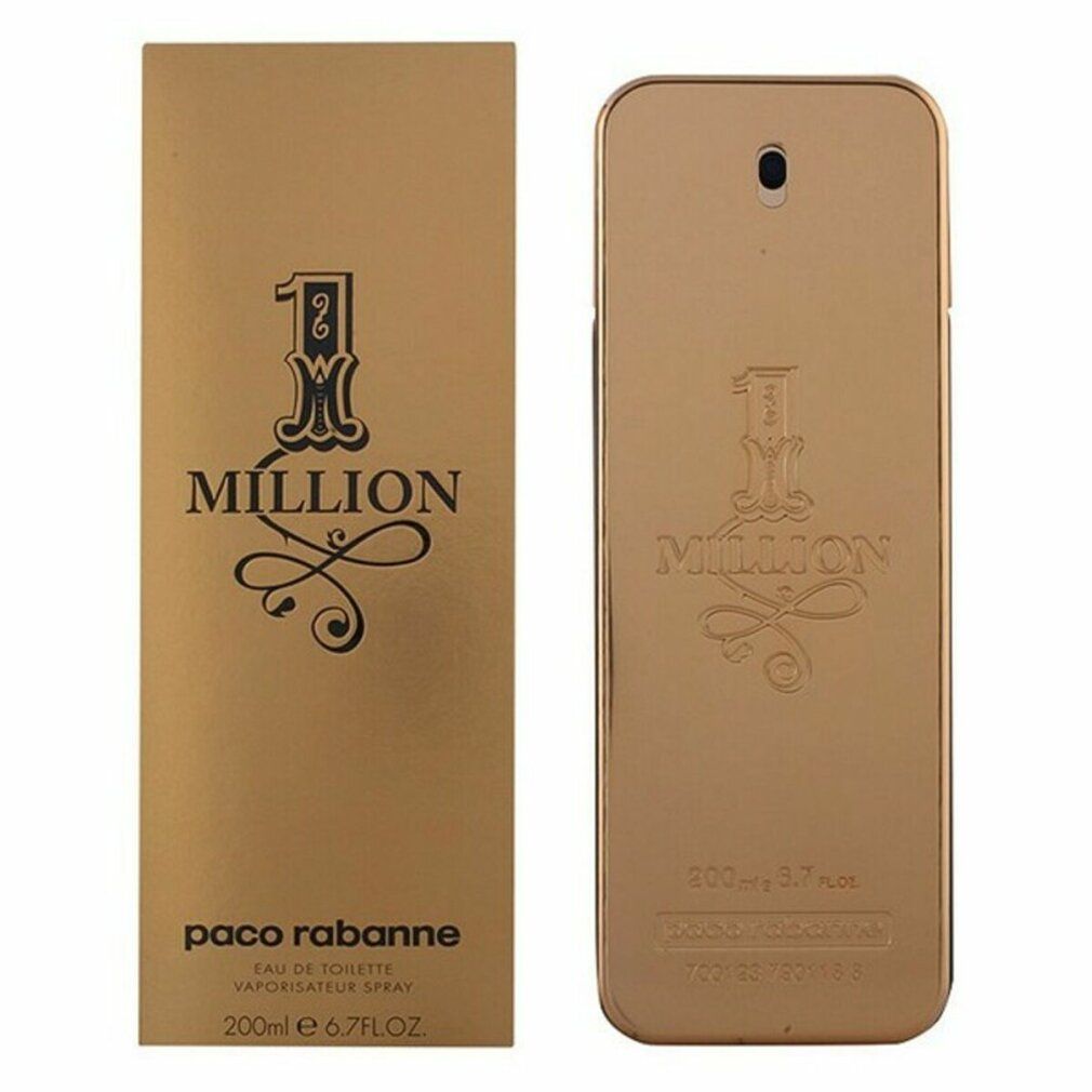 Goldene Schachtel und Flakon "1 Million". Eckige Form, schwarzer Sprühkopf. "paco rabanne" und Volumen.