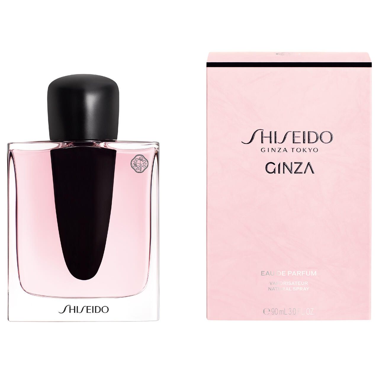 Rosa Schachtel und Flakon. Flakon quadratisch, schwarz, rosa Flüssigkeit. Shiseido Ginza-Logo.
