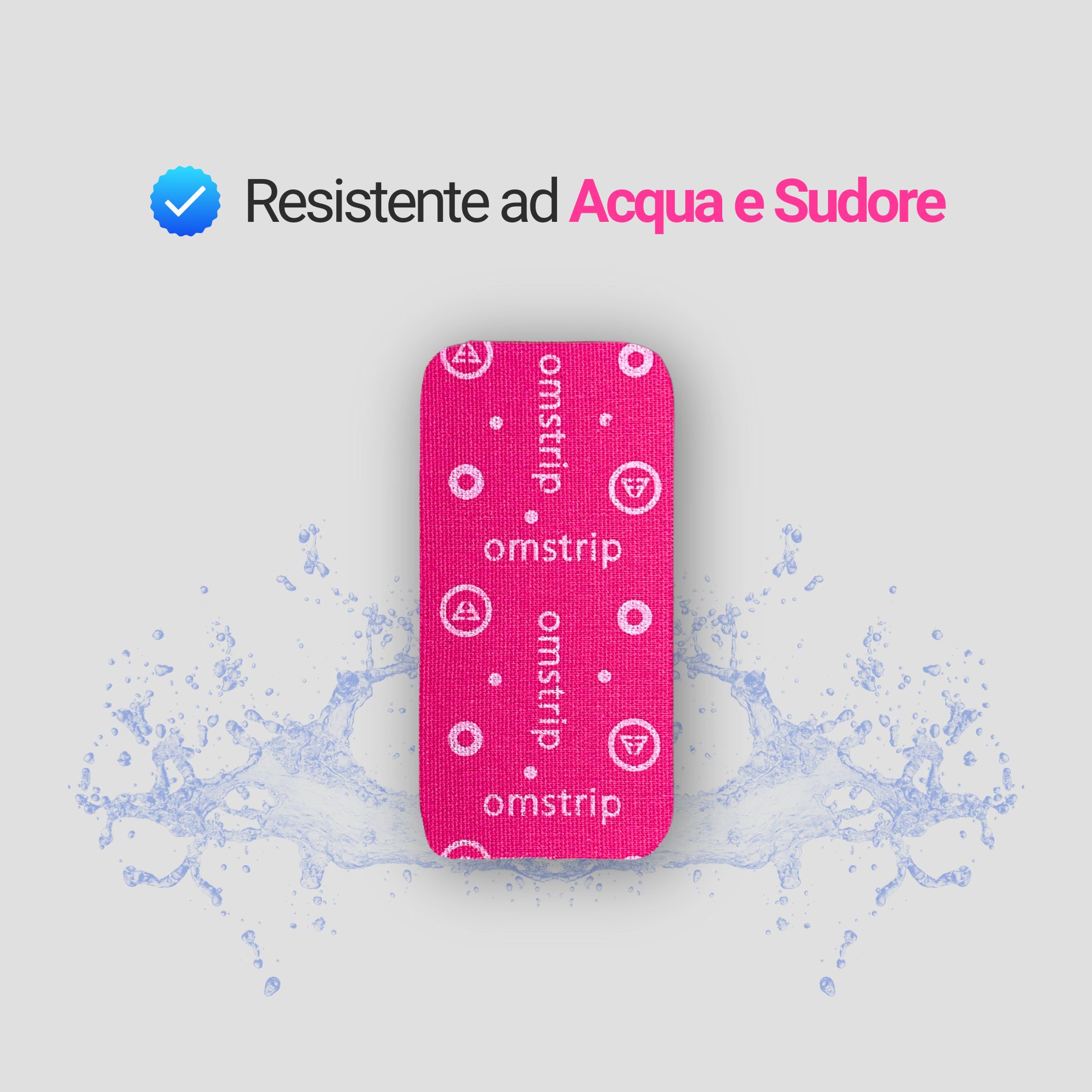 Pinkfarbenes Omstrip-Tape mit weißem Logo. Text: Wasser- und schweißbeständig.