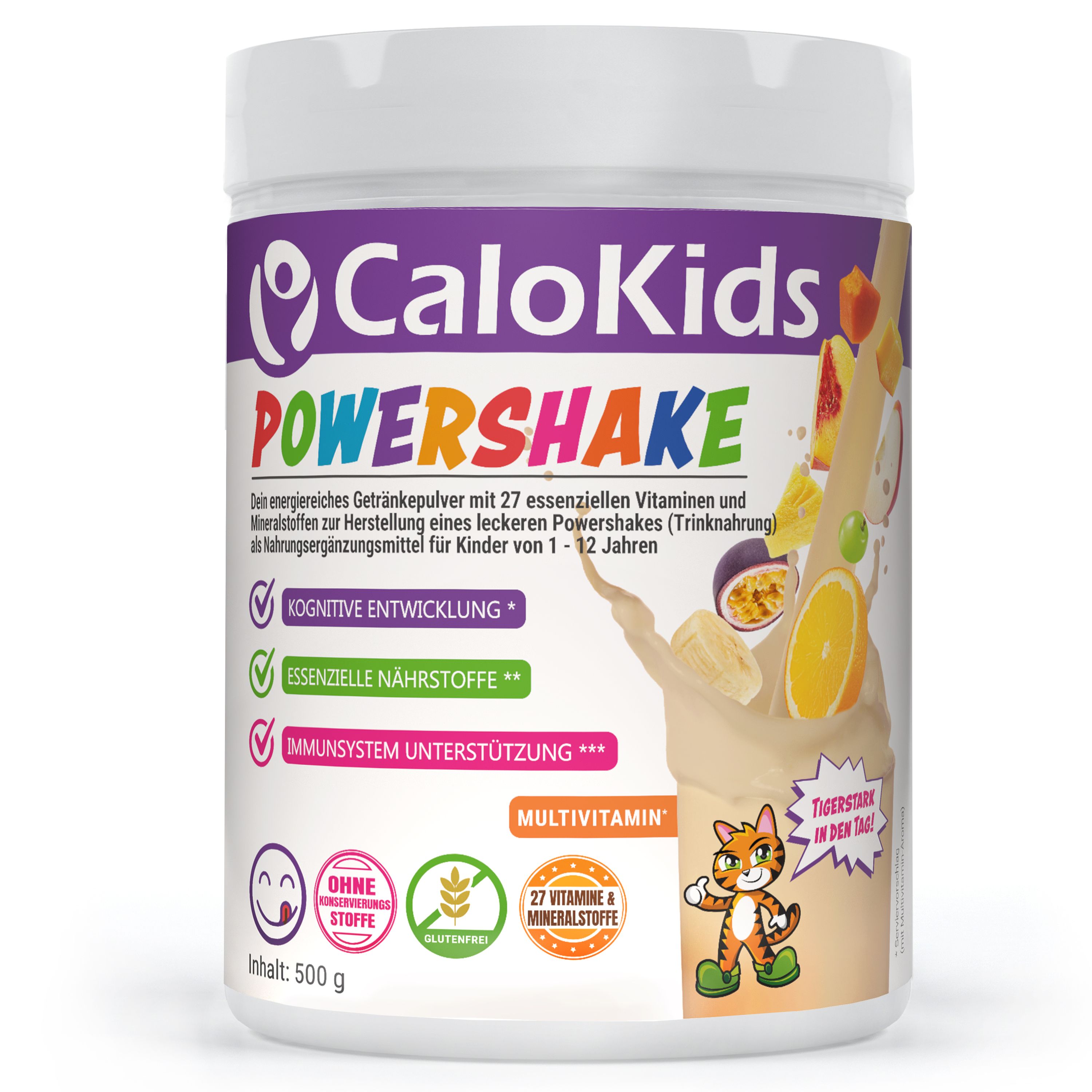 Weiße Dose mit CaloKids PowerShake. Aufschrift: PowerShake, 27 Vitamine & Mineralstoffe. Enthält 500g. Abbildung mit Früchten und einem Tiger.