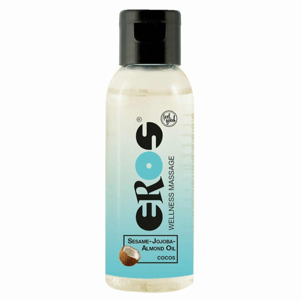 Klarflüssige Flasche mit schwarzem Deckel. Aufschrift: EROS, Wellness Massage, Sesam-Jojoba-Mandelöl, Cocos. Kokosnuss-Illustration.