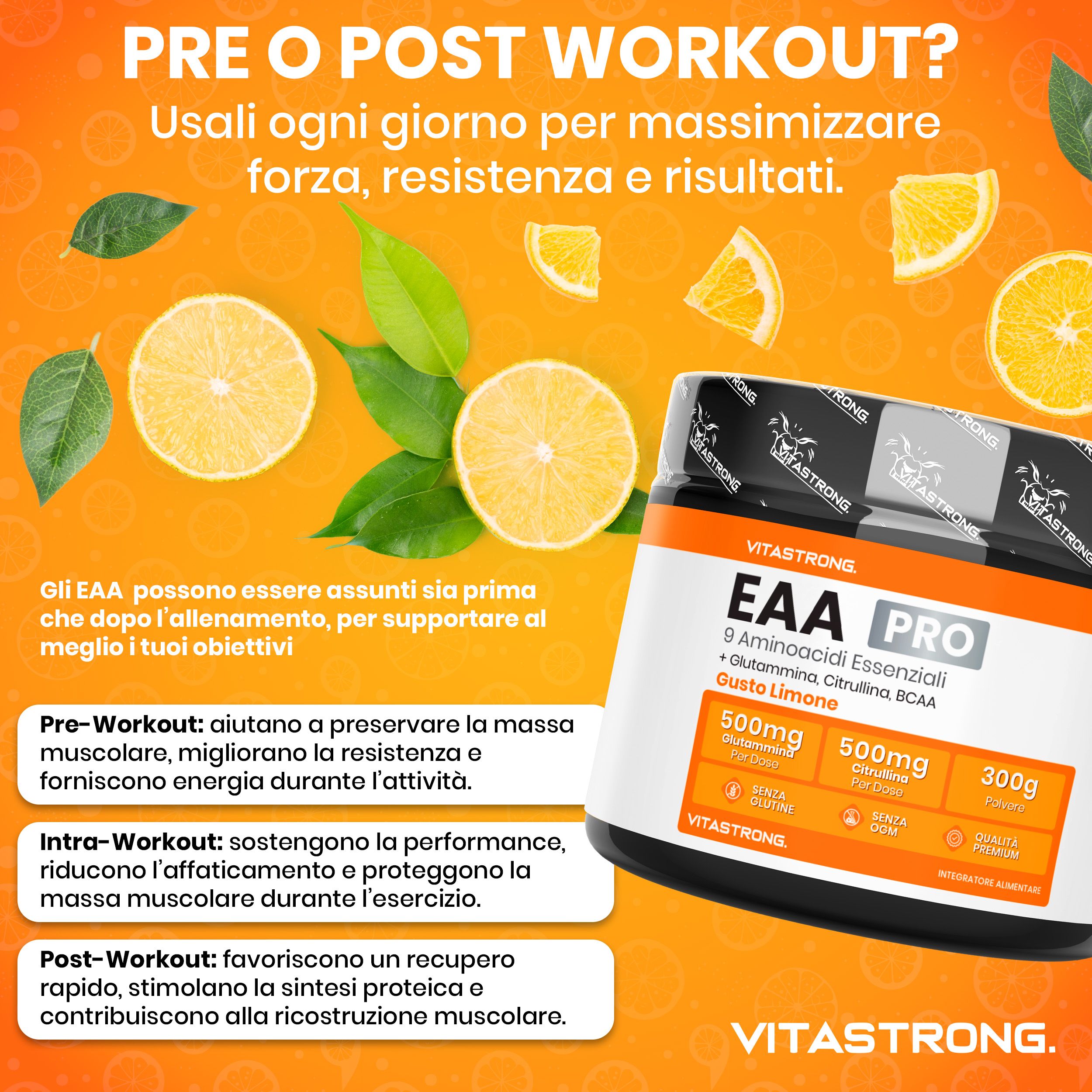 Vitastrong EAA PRO Zitrone. Dose mit Pulver, 300g. 9 essentielle Aminosäuren. Mit BCAA, Glutamin, Citrullin. Zitronengeschmack.