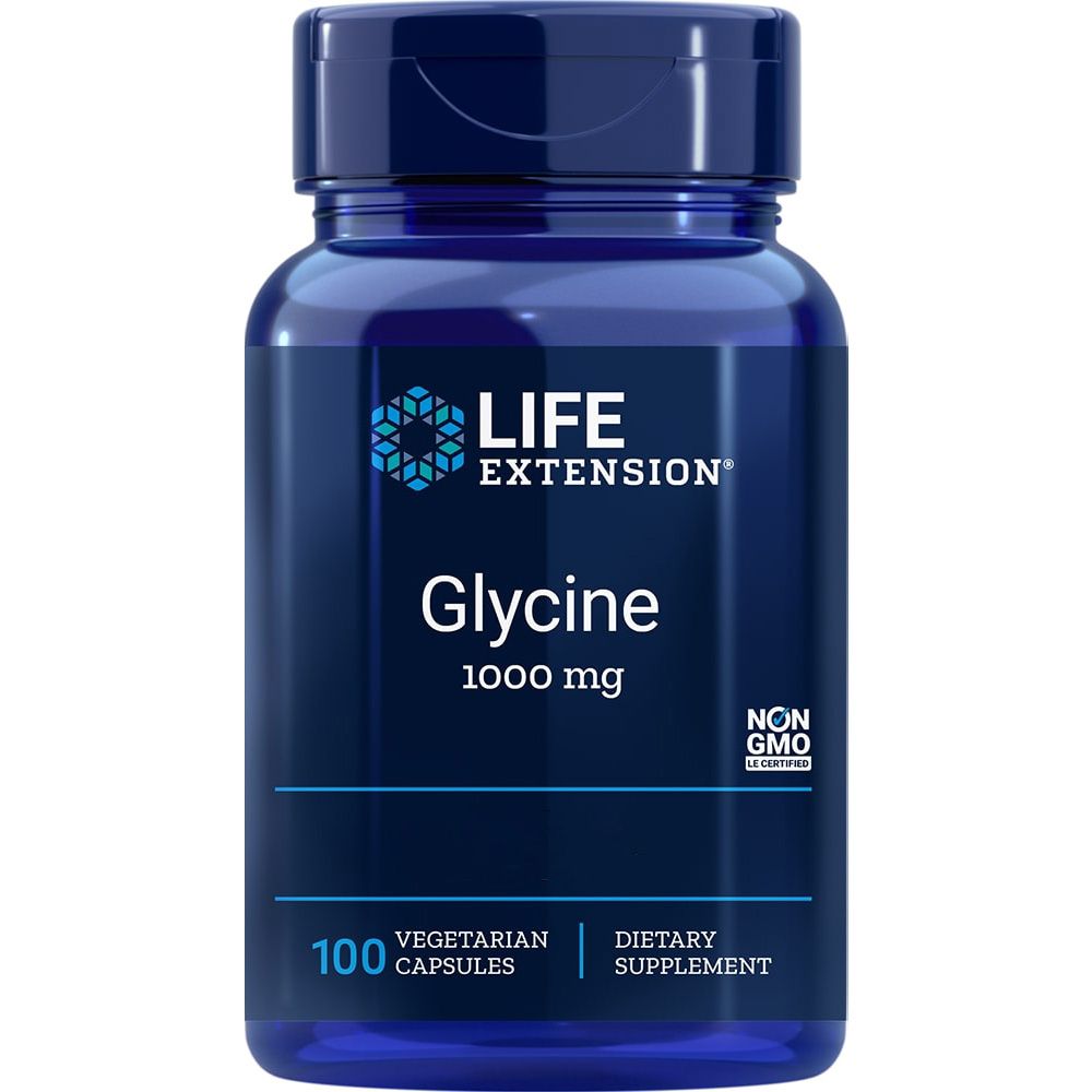 Blaue Flasche mit Kapseln. Aufschrift: Life Extension, Glycine 1000 mg, 100 Kapseln, vegan. Non-GMO-Siegel.