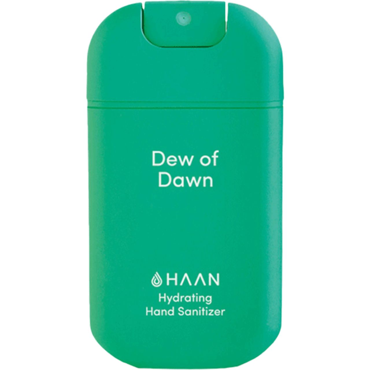 Grüner Handdesinfektionsmittel-Taschenzerstäuber. Oben steht "Dew of Dawn", darunter "HAAN Hydrating Hand Sanitizer".