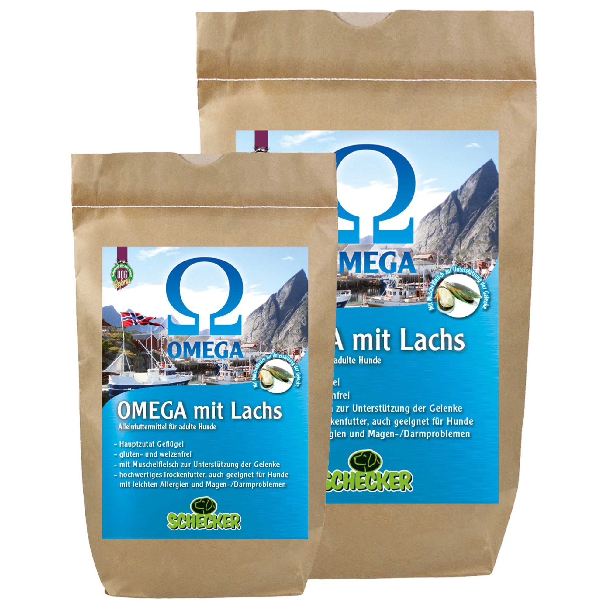 Zwei braune Papiertüten mit blauem Etikett. Aufschrift: Omega mit Lachs. Logo: Schecker. Abbildung: Landschaft mit Booten.