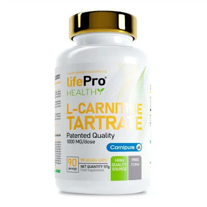 Weiße Flasche mit goldfarbenem Deckel. Aufschrift: LifePro Healthy L-Carnitine Tartrate, 1000 mg/Dosis. Enthält 90 Kapseln.