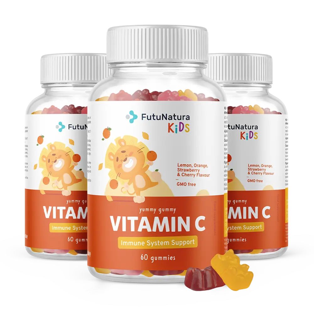 Drei Flaschen FutuNatura Kids Vitamin C Gummies. Jede Flasche enthält 60 Gummies. Aufschrift: Vitamin C, Immune System Support.