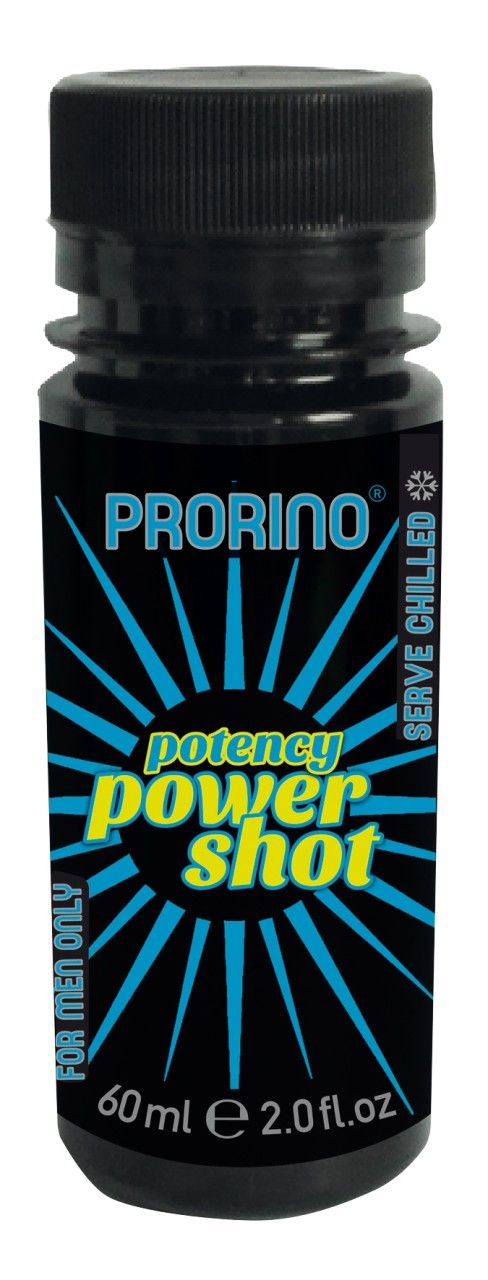 Schwarze Flasche mit Prorino-Logo und "Potency power shot"-Schriftzug. Blaue Strahlen auf gelbem Grund. "Serve chilled".