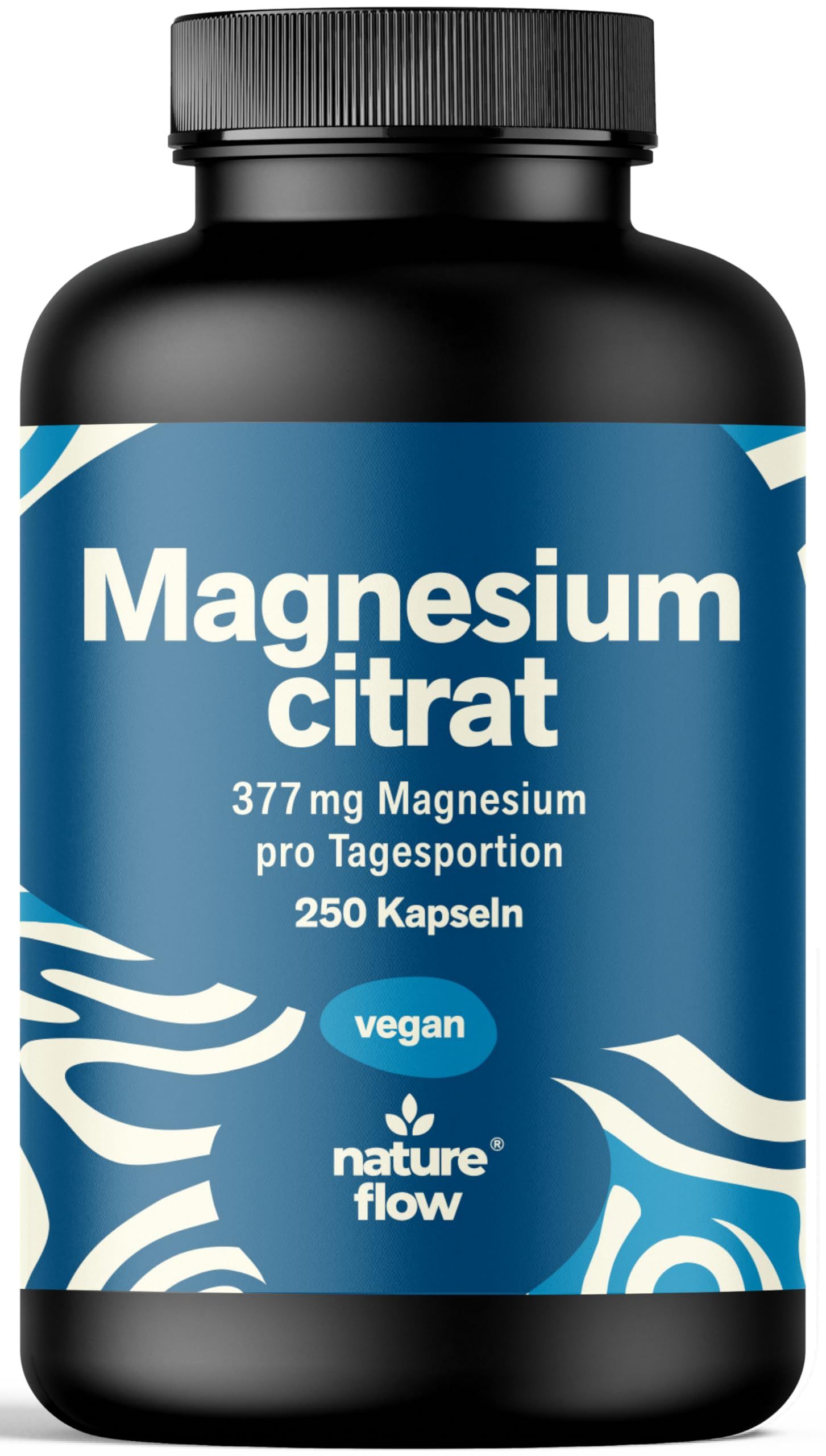 Schwarze Flasche mit blauem Etikett. Aufschrift: Magnesiumcitrat, 377 mg Magnesium pro Tagesportion, 250 Kapseln, vegan.