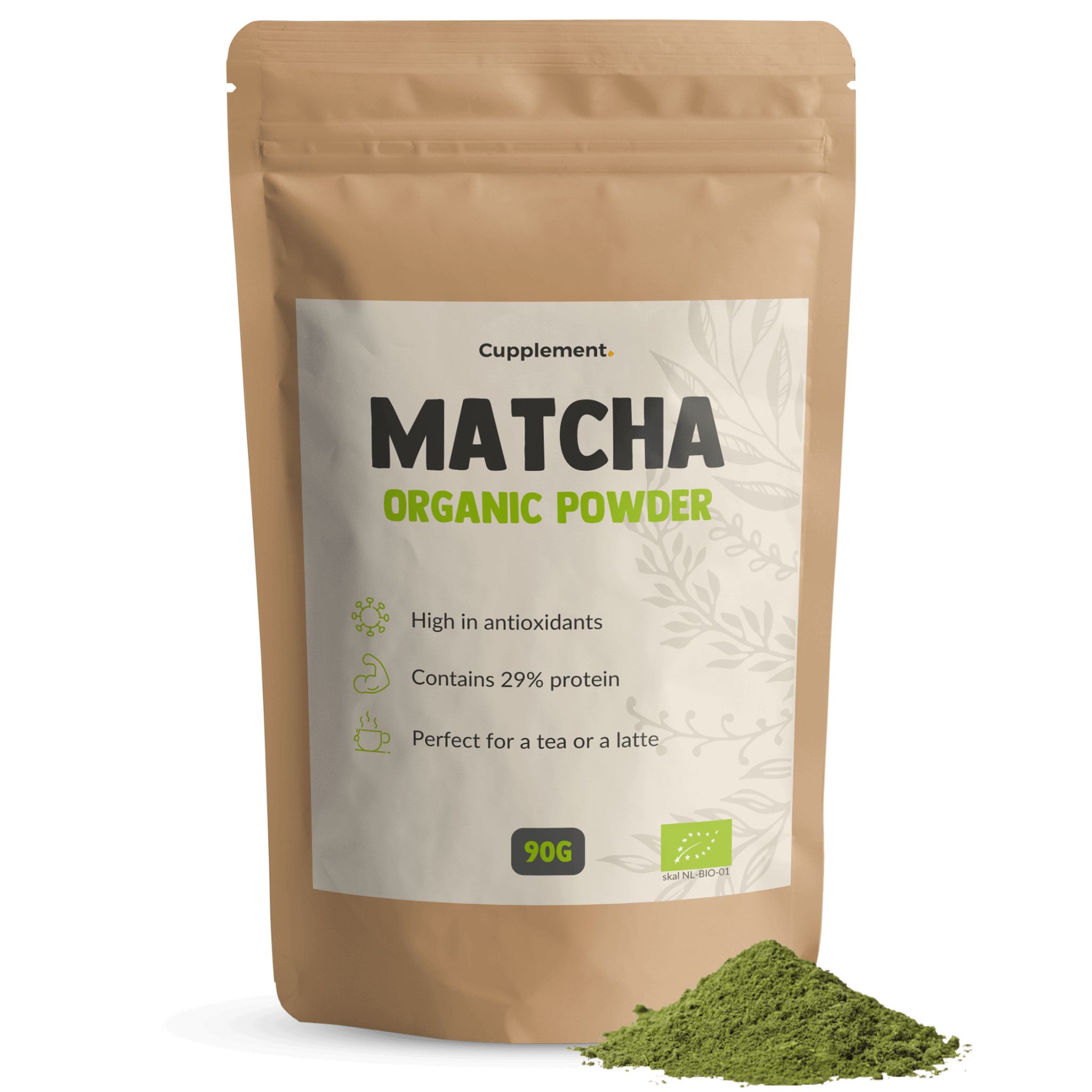 Beutel mit Matcha-Pulver. Aufschrift: Matcha Organic Powder. 90g. Bio-Siegel. Grünes Pulver daneben.