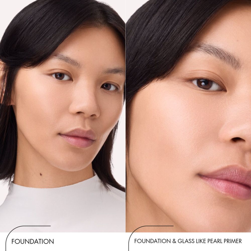 Zwei Gesichter nebeneinander. Links: Foundation. Rechts: Foundation & Glass Like Pearl Primer. Vergleich der Haut.