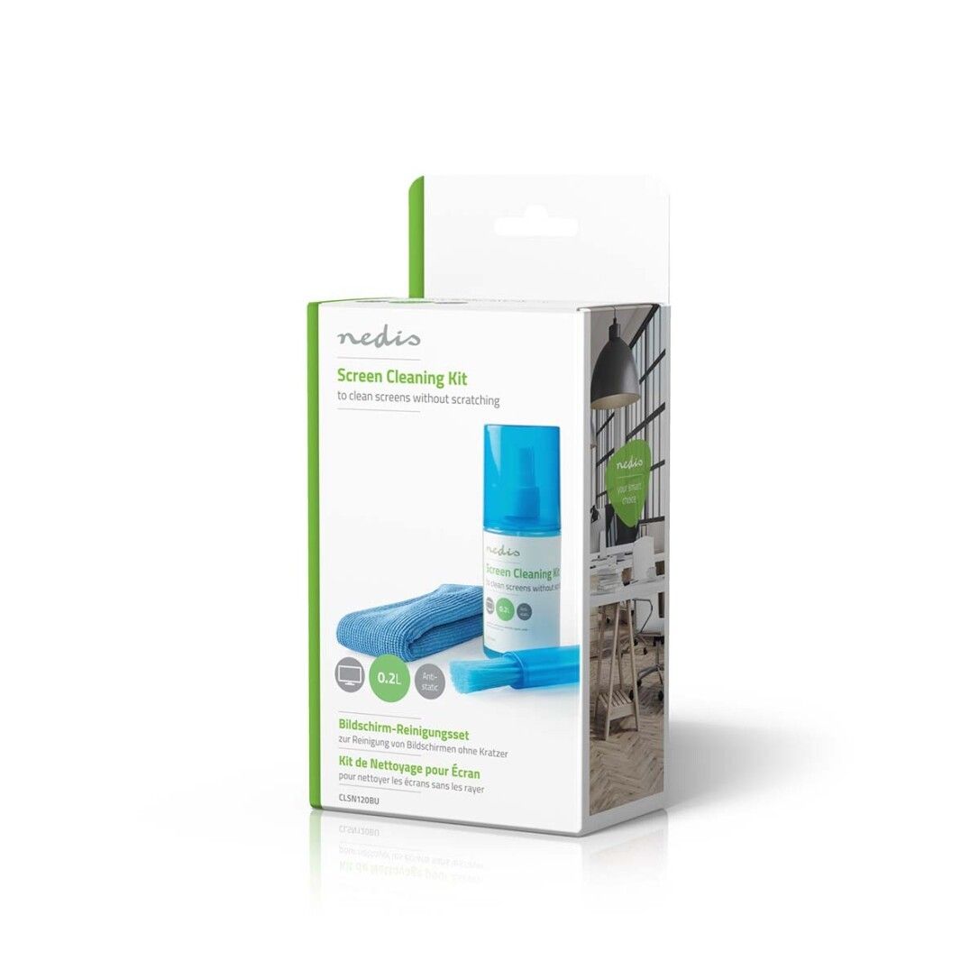 Verpackung mit Bildschirmreiniger-Kit. Enthält Sprühflasche, Mikrofasertuch und Bürste. Grün-weiße Verpackung mit Produktabbildung.