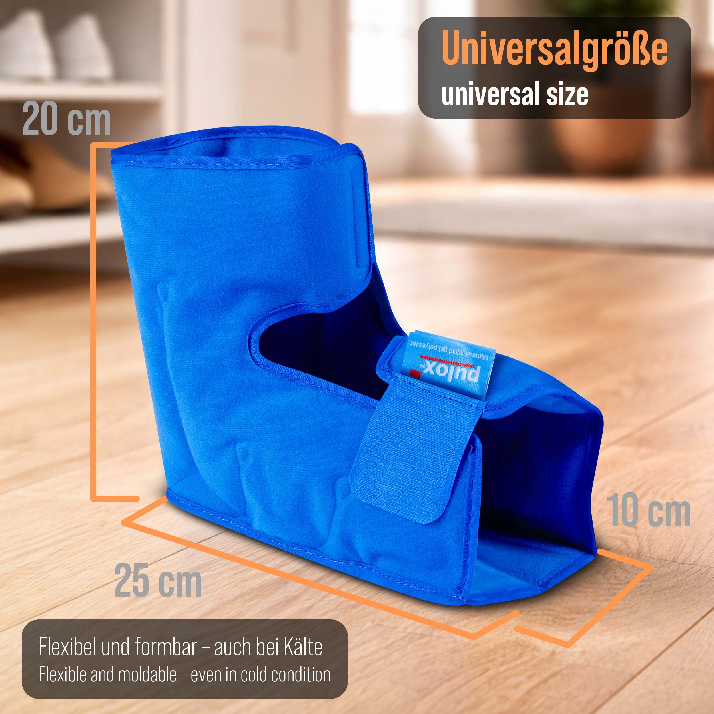 Blaue Manschette mit Klettverschluss. Beschriftung: "Universalgröße". Maße: 25x20x10 cm. Text: "Flexibel und formbar - auch bei Kälte". Logo "pulox".